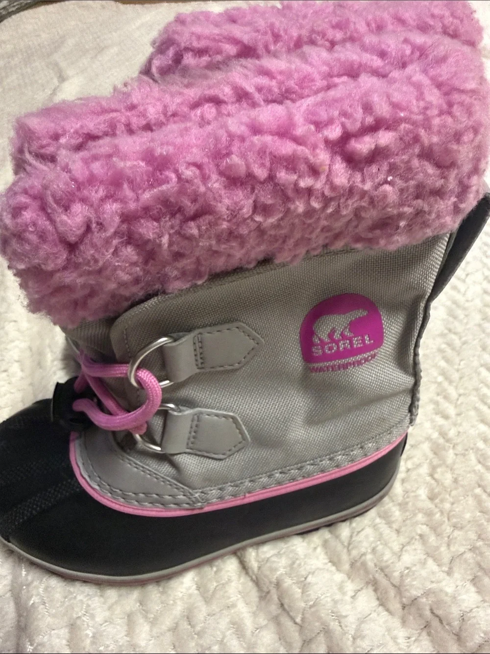 Sorel Kids Gray and Pink Fuzzy Cuff Snow Boot